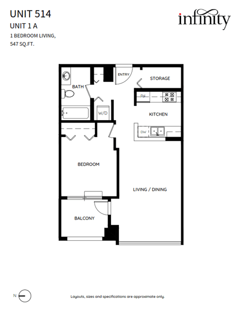 Floor plan for 1 bed, 1 bath